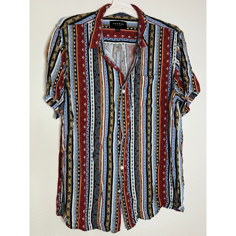 PacSun Mens Large Short Sleeve Button Down Shirt Southwestern Stripe Geometric